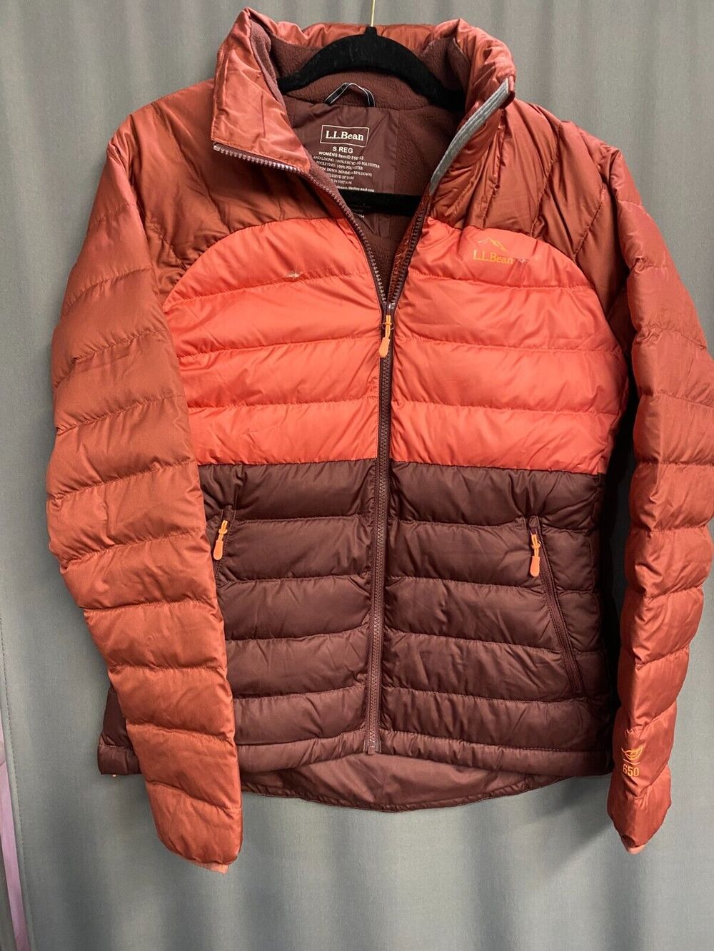 L.L. Bean Puffer Jacket Womens Small Orange Brown Long Sleeve Zip Up Outdoor C6